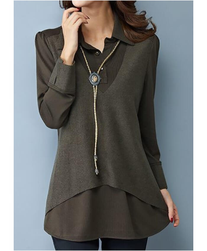 Turndown Collar Patchwork Button Neck Army Green Blouse